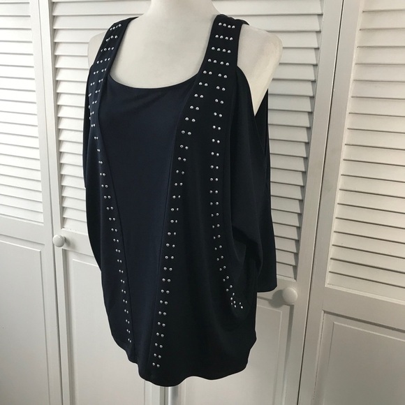 Michael Kors Navy Studded Cold Shoulder Top Size Medium - Picture 2 of 6